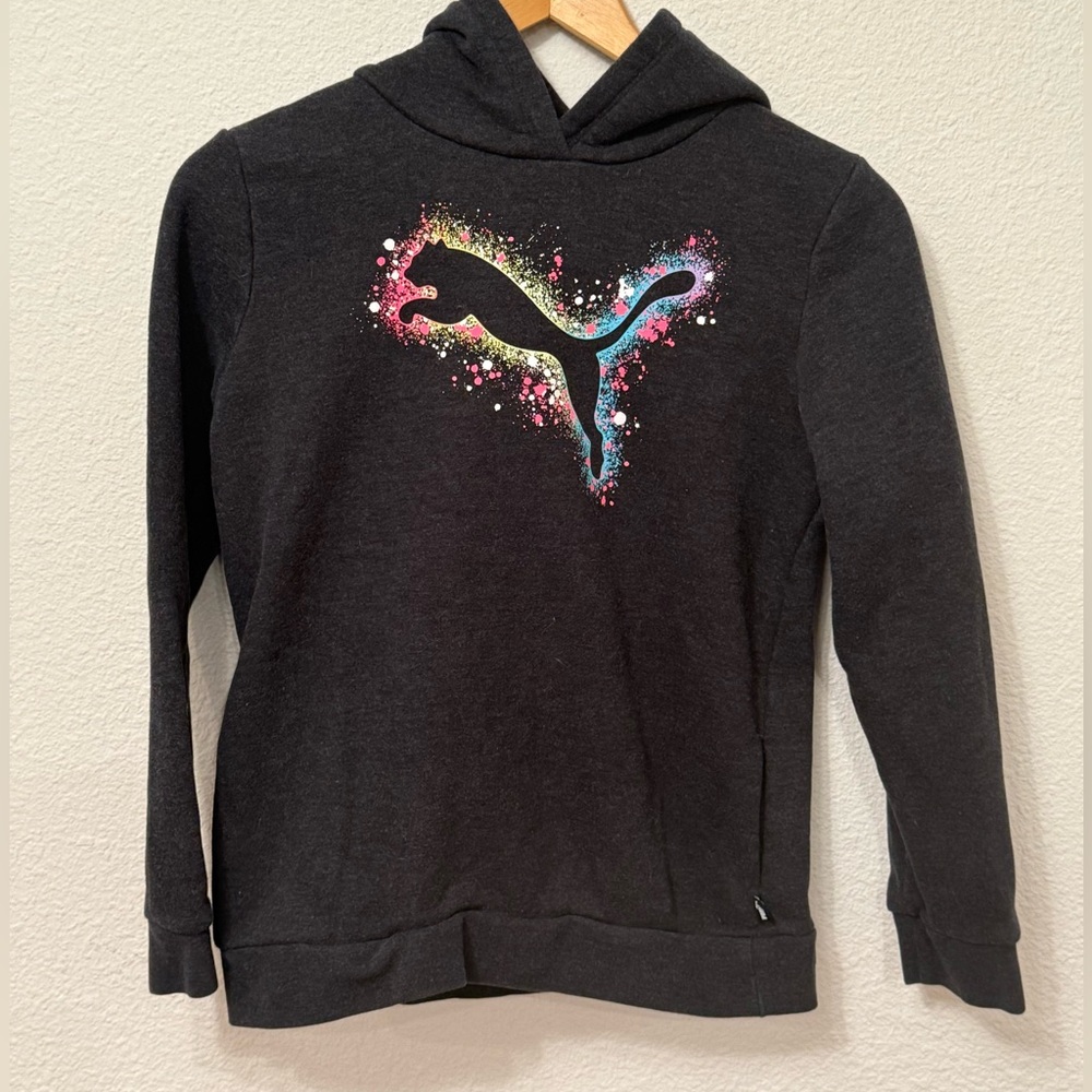 NWOT Puma Kids Hoodie - Charcoal with Multicolor Logo Girls Size Large (14/16)